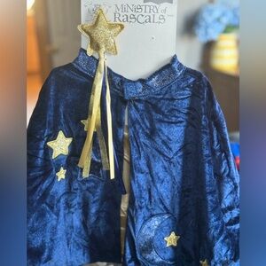 Wizard Costume Cape & Wand Kids Size 3-7 Moon Stars Velvet Dress Up NWT